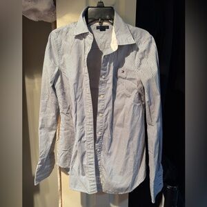 Tommy Hilfiger White and Blue Pinstripe women's Shirt